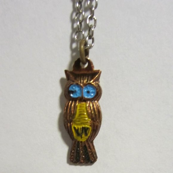 VINTAGE Petite  Enameled Copper Owl Necklace - Picture 1 of 3